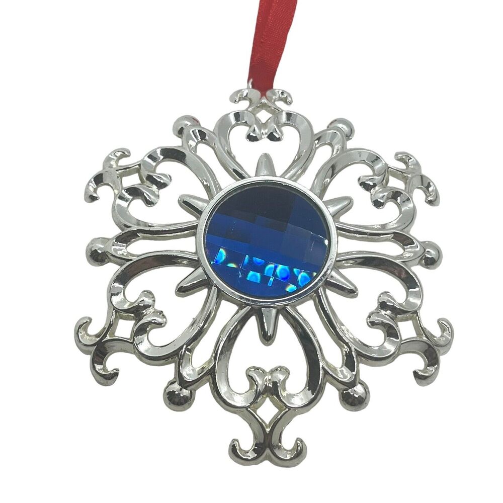 Lenox Snowflake Ornament Bejeweled Silverplate Blue Jewel 3.5" x 4" Christmas